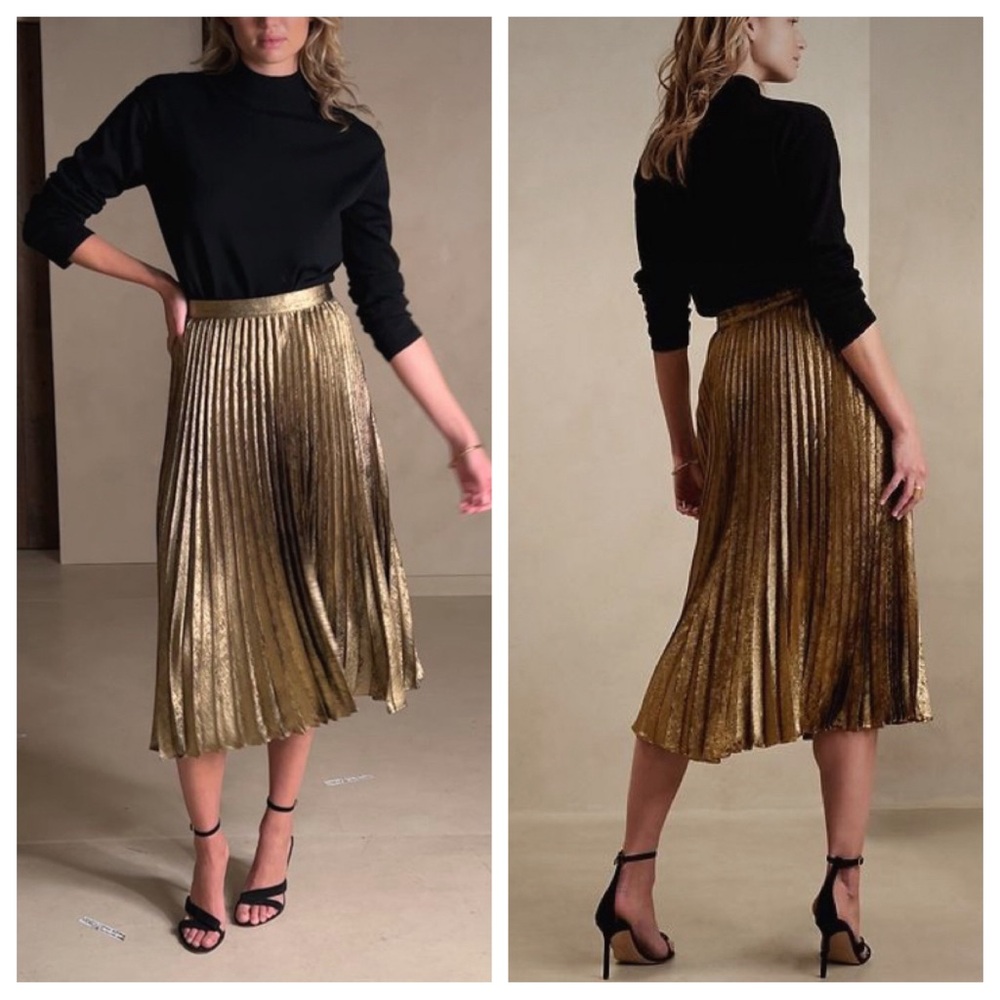 Banana Republic Raggiera Gold Pleated Midi Skirt